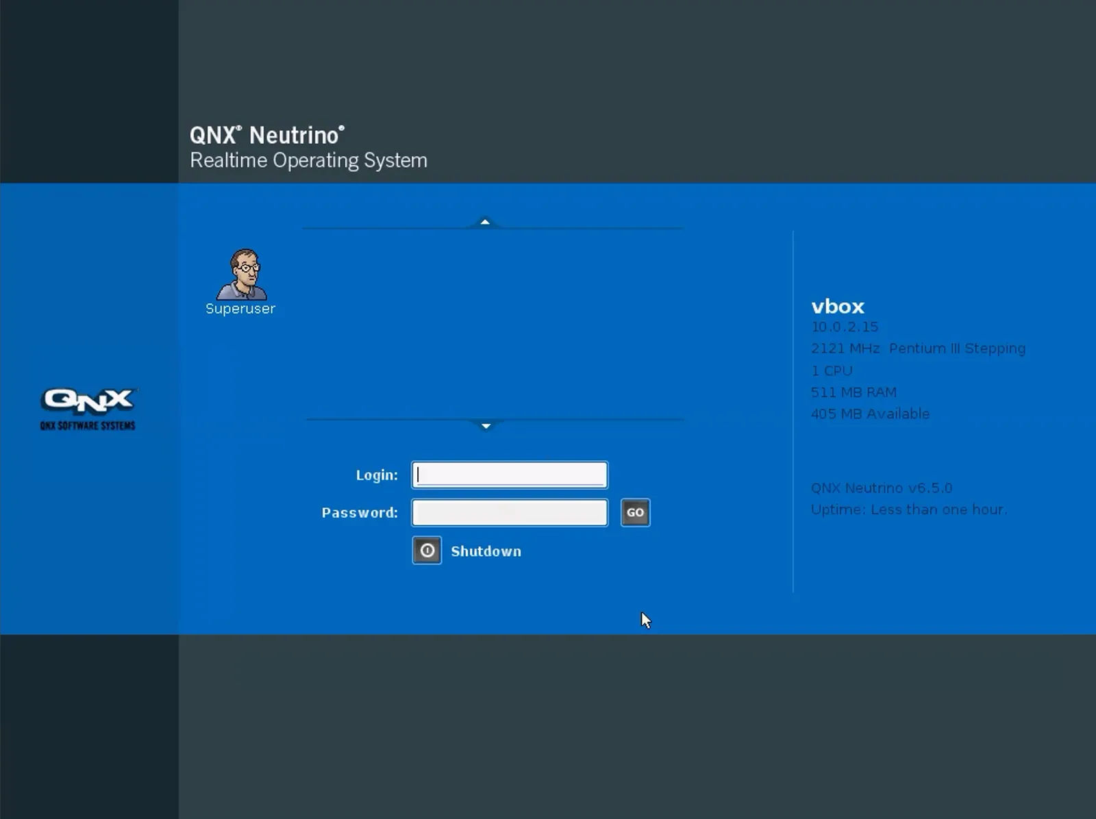 QNX login screen. Login: root Password: root